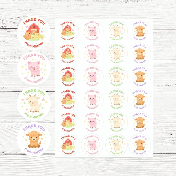 Barnyard Farm Animal Thank You Stickers – Barn & Chicks, Highland Cow, Pig & Goat | Personalised Party Favour Labels - Sticksy Prints Australia