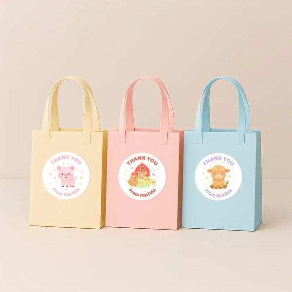 Barnyard Farm Animal Thank You Stickers – Barn & Chicks, Highland Cow, Pig & Goat | Personalised Party Favour Labels - Sticksy Prints Australia