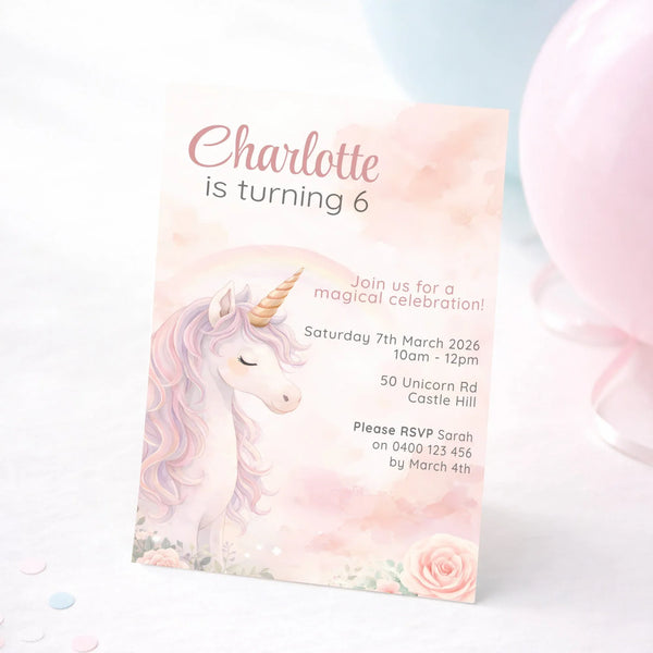 Blush Unicorn Birthday Invitations | Personalised Pastel Party Invites - Sticksy Prints Australia