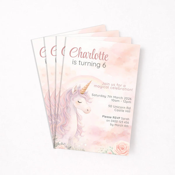 Blush Unicorn Birthday Invitations | Personalised Pastel Party Invites - Sticksy Prints Australia