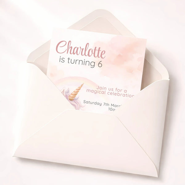 Blush Unicorn Birthday Invitations | Personalised Pastel Party Invites - Sticksy Prints Australia
