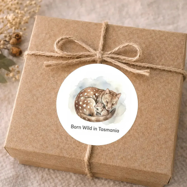 Born Wild in Tasmania Quoll Sticker – Tasmanian Wildlife Mother & Baby Round Sticker - Sticksy Prints Australia