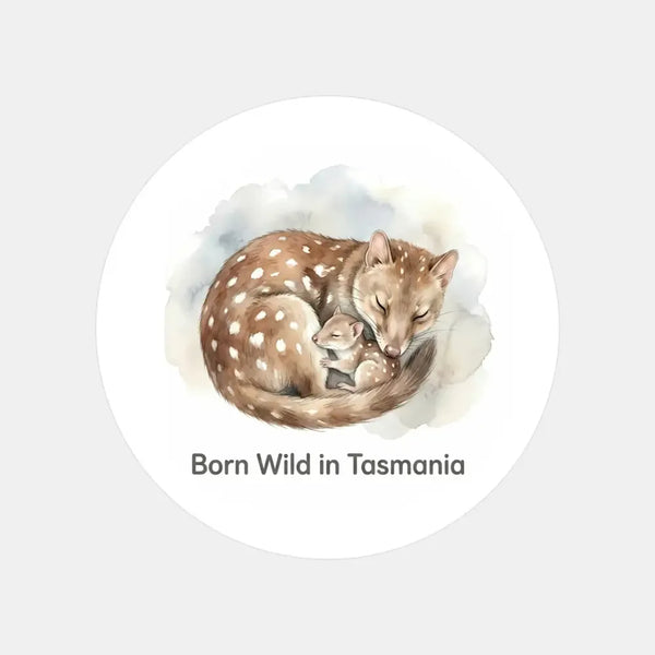 Born Wild in Tasmania Quoll Sticker – Tasmanian Wildlife Mother & Baby Round Sticker - Sticksy Prints Australia
