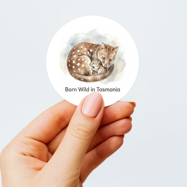 Born Wild in Tasmania Quoll Sticker – Tasmanian Wildlife Mother & Baby Round Sticker