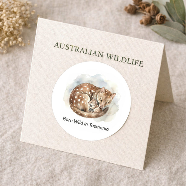Born Wild in Tasmania Quoll Sticker – Tasmanian Wildlife Mother & Baby Round Sticker