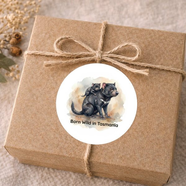 Born Wild in Tasmania Sticker | Tasmanian Devil Mother & Joey Wildlife Sticker