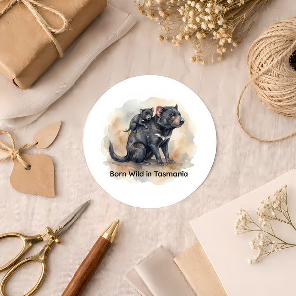 Born Wild in Tasmania Sticker | Tasmanian Devil Mother & Joey Wildlife Sticker