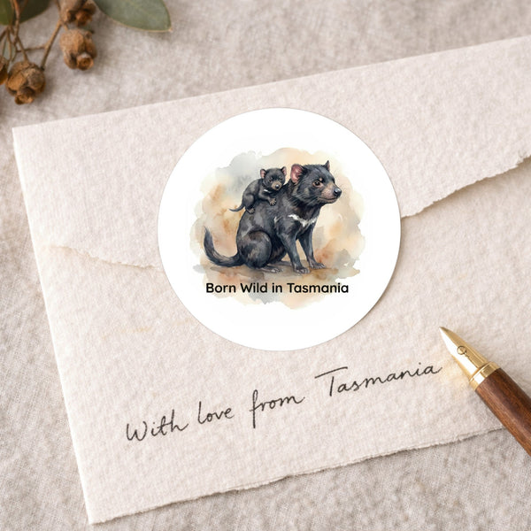 Born Wild in Tasmania Sticker | Tasmanian Devil Mother & Joey Wildlife Sticker