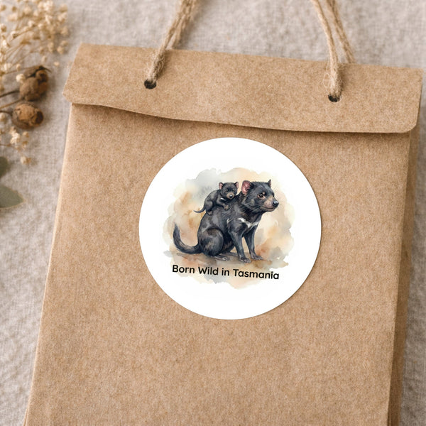 Born Wild in Tasmania Sticker | Tasmanian Devil Mother & Joey Wildlife Sticker