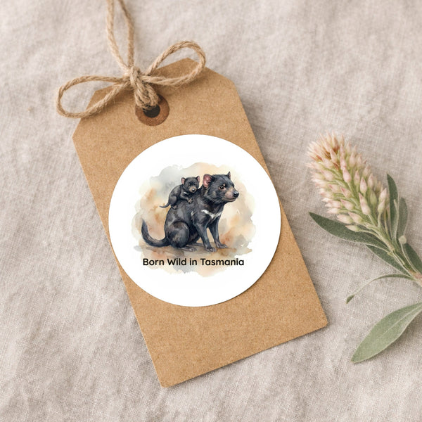 Born Wild in Tasmania Sticker | Tasmanian Devil Mother & Joey Wildlife Sticker