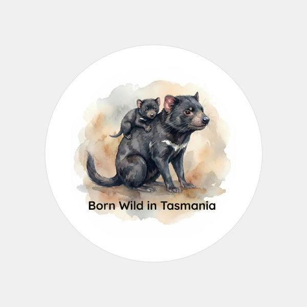 Born Wild in Tasmania Sticker | Tasmanian Devil Mother & Joey Wildlife Sticker