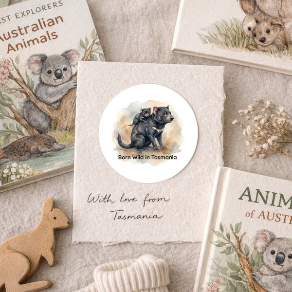 Born Wild in Tasmania Sticker | Tasmanian Devil Mother & Joey Wildlife Sticker