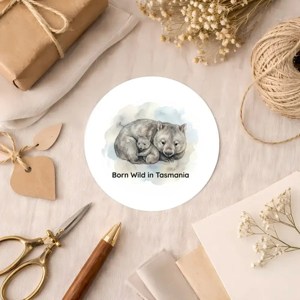 Born Wild in Tasmania Wombat Sticker – Tasmanian Mother & Joey Wildlife Sticker - Sticksy Prints Australia