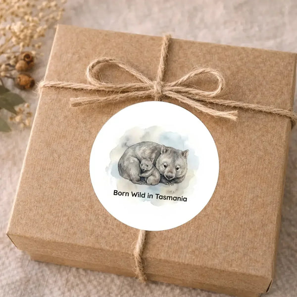 Born Wild in Tasmania Wombat Sticker – Tasmanian Mother & Joey Wildlife Sticker - Sticksy Prints Australia