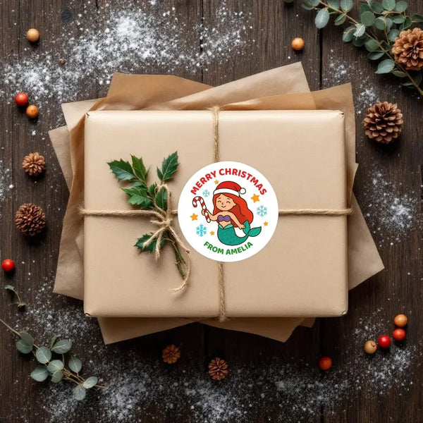 Christmas Mermaid Stickers – Custom Name Labels - Sticksy Prints Australia