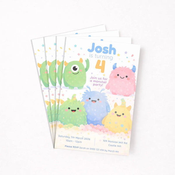 Cute Monster Birthday Invitations | Personalised Kids Party Invites - Sticksy Prints Australia