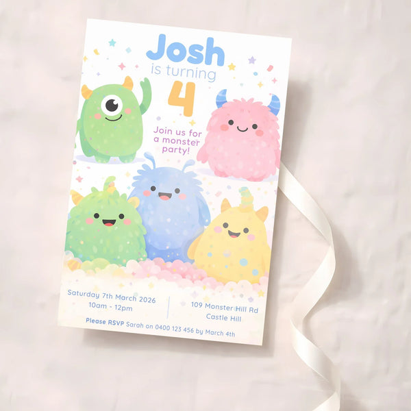 Cute Monster Birthday Invitations | Personalised Kids Party Invites - Sticksy Prints Australia