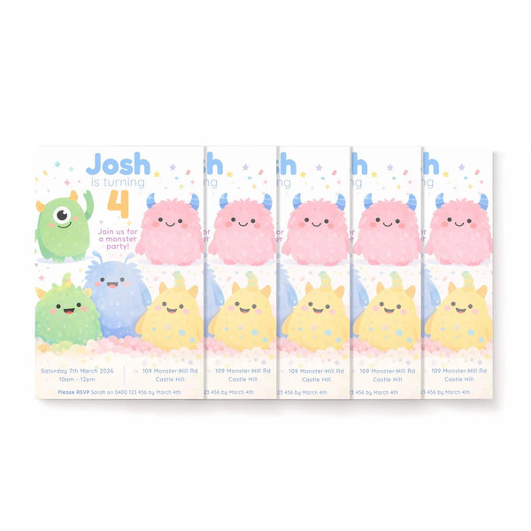 Cute Monster Birthday Invitations | Personalised Kids Party Invites - Sticksy Prints Australia