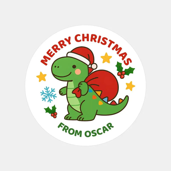 Dinosaur Personalised Christmas Stickers – Cute Santa Dino Label - Sticksy Prints Australia