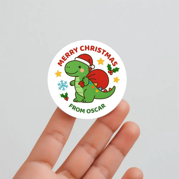 Dinosaur Personalised Christmas Stickers – Cute Santa Dino Label - Sticksy Prints Australia