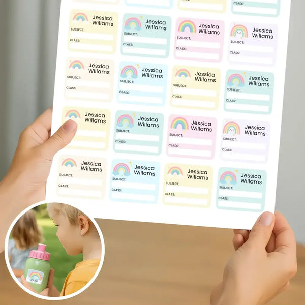 Editable Kids Book Name Labels 45×39mm Pastel Rainbow Stickers Instant Canva Template 24 Labels - Sticksy Prints Australia
