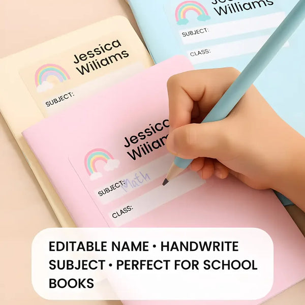 Editable Kids Book Name Labels 45×39mm Pastel Rainbow Stickers Instant Canva Template 24 Labels - Sticksy Prints Australia