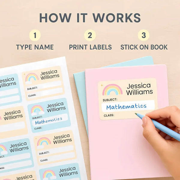 Editable Kids Book Name Labels 45×39mm Pastel Rainbow Stickers Instant Canva Template 24 Labels - Sticksy Prints Australia