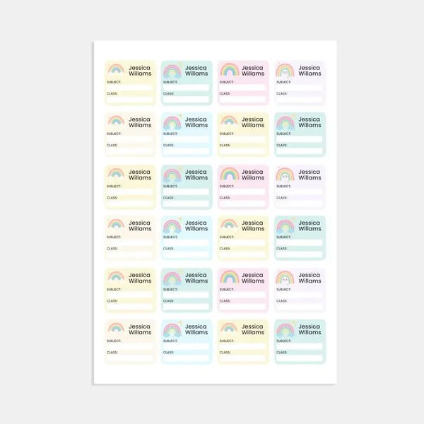 Editable Kids Book Name Labels 45×39mm Pastel Rainbow Stickers Instant Canva Template 24 Labels - Sticksy Prints Australia