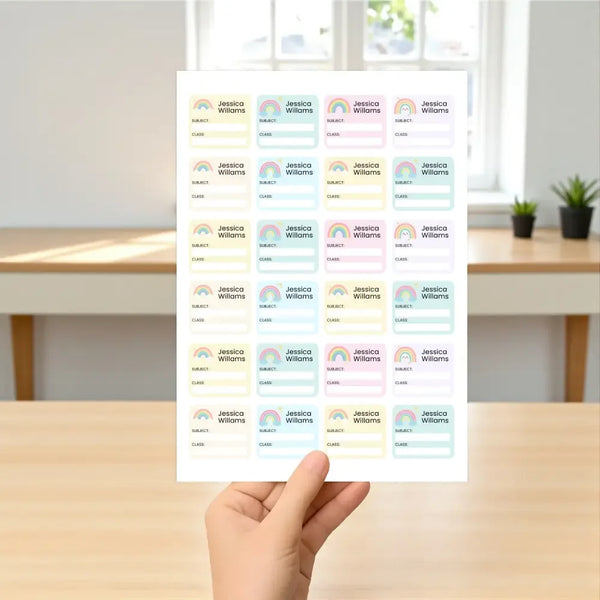 Editable Kids Book Name Labels 45×39mm Pastel Rainbow Stickers Instant Canva Template 24 Labels - Sticksy Prints Australia