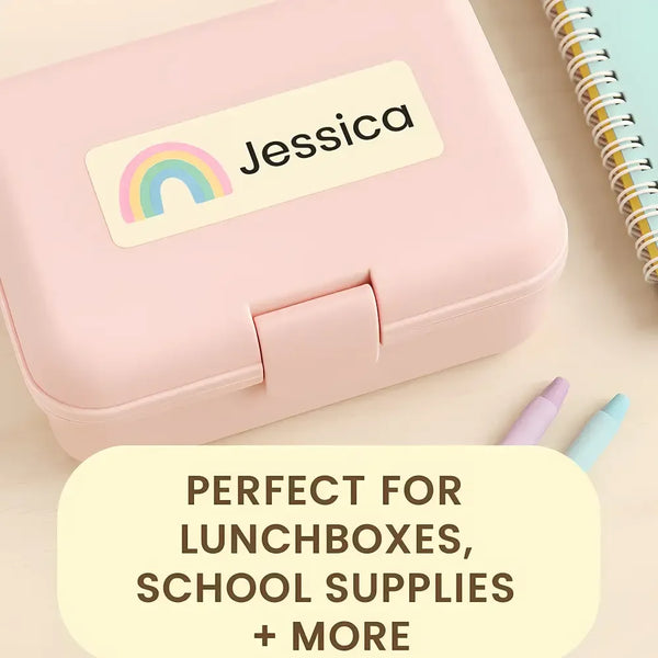 Editable Kids Name Labels Large 80×25mm Pastel Rainbow Stickers Instant Canva Template 36 Labels - Sticksy Prints Australia