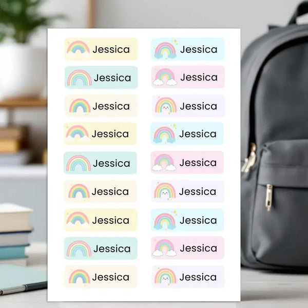 Editable Kids Name Labels Large 80×25mm Pastel Rainbow Stickers Instant Canva Template 36 Labels - Sticksy Prints Australia