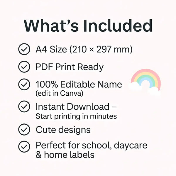 Editable Kids Name Labels Large 80×25mm Pastel Rainbow Stickers Instant Canva Template 36 Labels - Sticksy Prints Australia