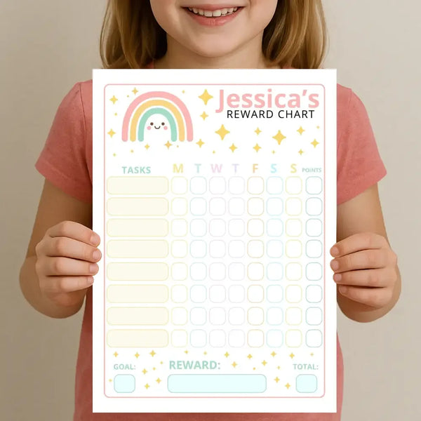 Editable Kids Reward Chart – Pastel Rainbow | Canva Template (A4 + US Letter) - Sticksy Prints Australia