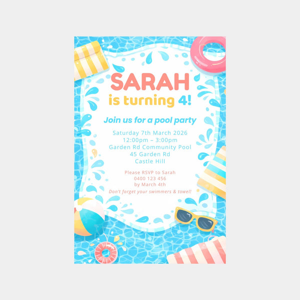 Editable Pool Party Birthday Invitation – Canva Template (4×6 inch)