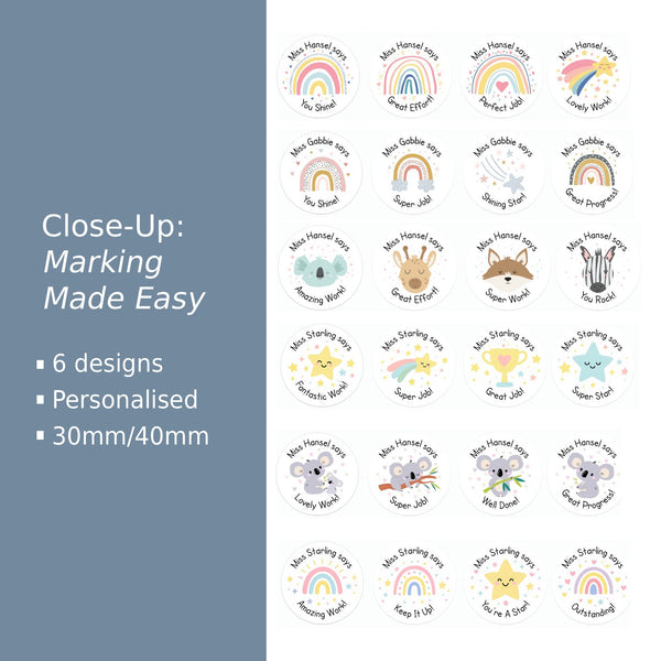 Personalised teacher stickers bundle, 6 cute animal and rainbow designs, assorted shapes, for praise and marking.