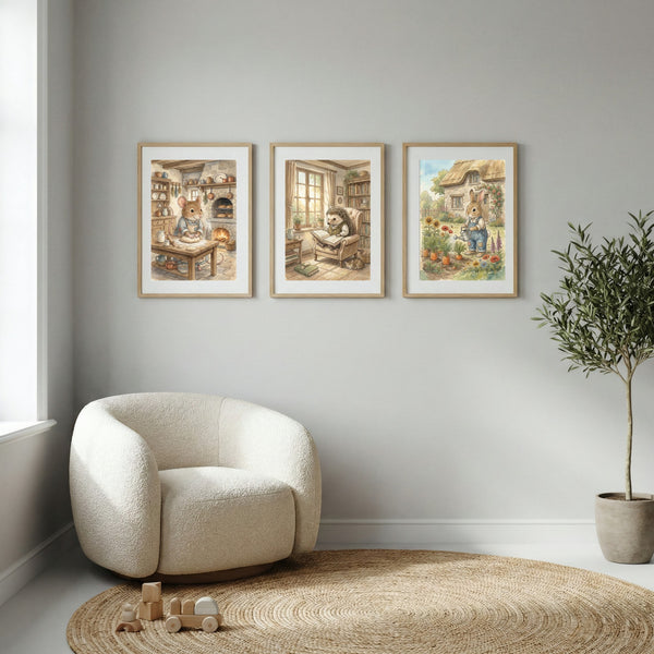 Cozy Cottage Animals Nursery Wall Art Set of 3 – Mouse Baking, Hedgehog Reading & Bunny Gardening Watercolor Prints – Storybook Woodland Decor
