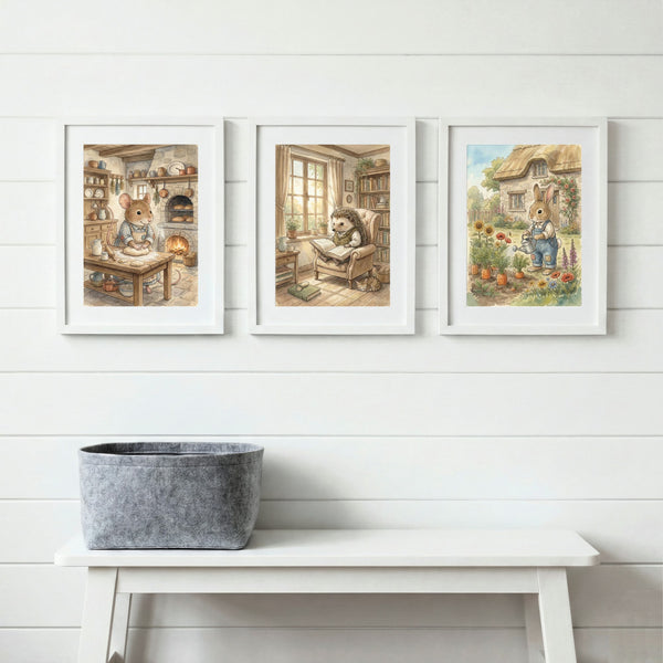 Cozy Cottage Animals Nursery Wall Art Set of 3 – Mouse Baking, Hedgehog Reading & Bunny Gardening Watercolor Prints – Storybook Woodland Decor