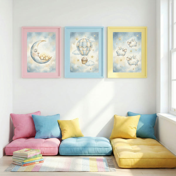 Celestial Nursery Wall Art Set of 3 – Moon, Hot Air Balloon & Flying Sheep Watercolour Prints – Neutral Baby Decor