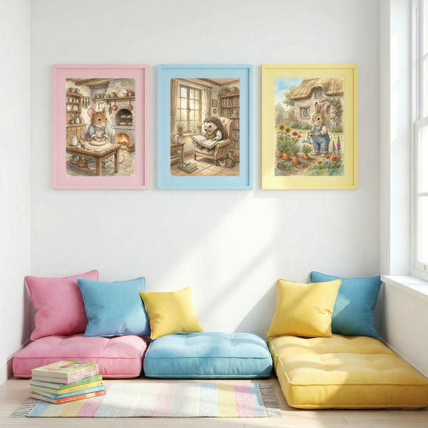 Cozy Cottage Animals Nursery Wall Art Set of 3 – Mouse Baking, Hedgehog Reading & Bunny Gardening Watercolor Prints – Storybook Woodland Decor