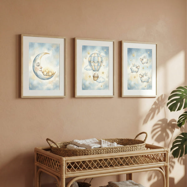 Celestial Nursery Wall Art Set of 3 – Moon, Hot Air Balloon & Flying Sheep Watercolour Prints – Neutral Baby Decor