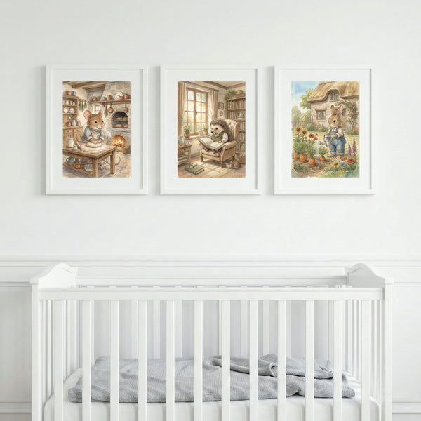 Cozy Cottage Animals Nursery Wall Art Set of 3 – Mouse Baking, Hedgehog Reading & Bunny Gardening Watercolor Prints – Storybook Woodland Decor