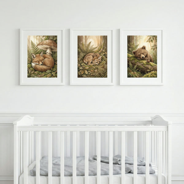 Woodland Nursery Wall Art Set of 3 - Sleeping Fox, Bear & Fawn Watercolor Prints - Forest Theme Decor