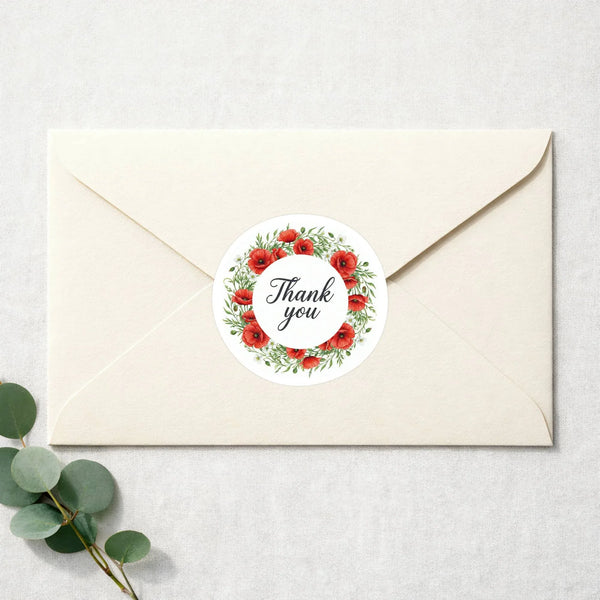 Thank You Stickers | Red Poppy Watercolour Wreath Packaging Labels | Small Business Australia - Sticksy Prints Australia