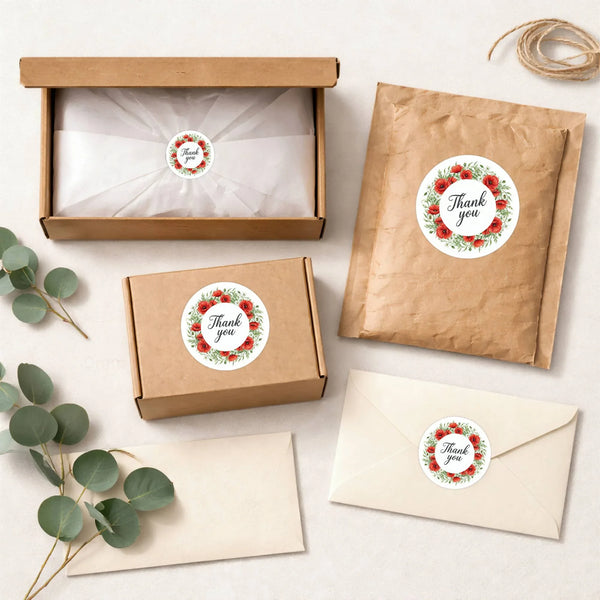 Thank You Stickers | Red Poppy Watercolour Wreath Packaging Labels | Small Business Australia - Sticksy Prints Australia