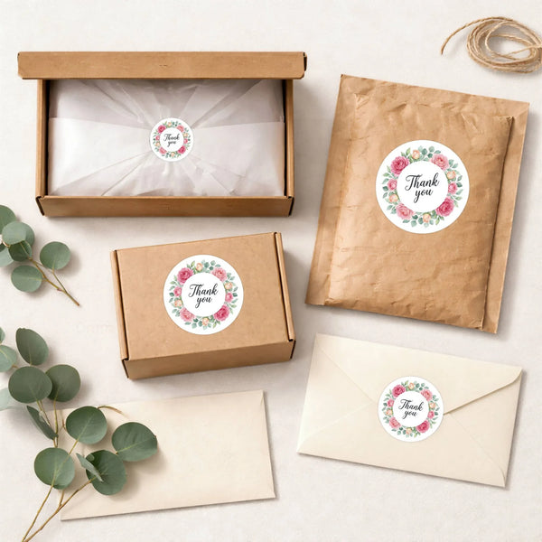 Thank You Pink Rose Wreath Stickers Packaging Labels | Small Business Australia - Sticksy Prints Australia