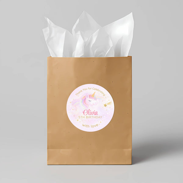 Pastel Unicorn Thank You Stickers – Custom Name Kids Birthday Party Favour Labels