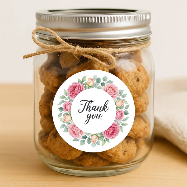 Thank You Pink Rose Wreath Stickers Packaging Labels | Small Business Australia - Sticksy Prints Australia