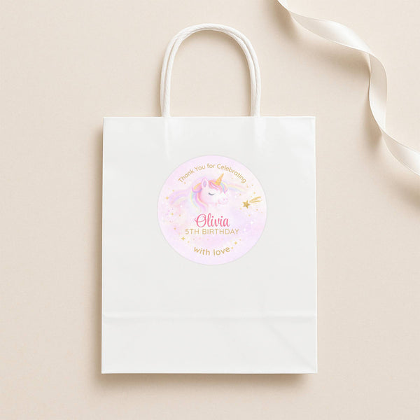 Pastel Unicorn Thank You Stickers – Custom Name Kids Birthday Party Favour Labels