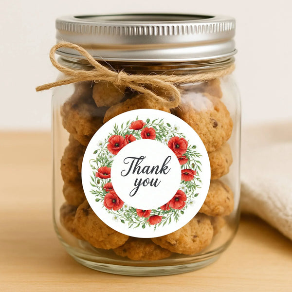 Thank You Stickers | Red Poppy Watercolour Wreath Packaging Labels | Small Business Australia - Sticksy Prints Australia