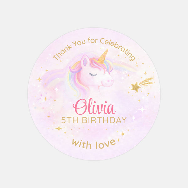 Pastel Unicorn Thank You Stickers – Custom Name Kids Birthday Party Favour Labels